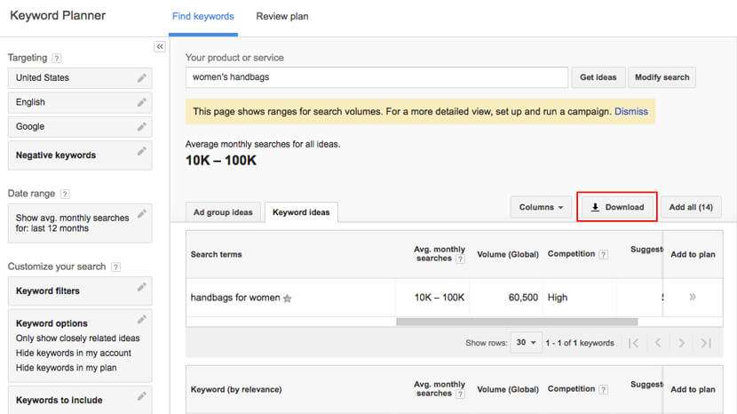 Download button of keyword idea in keyword planner
