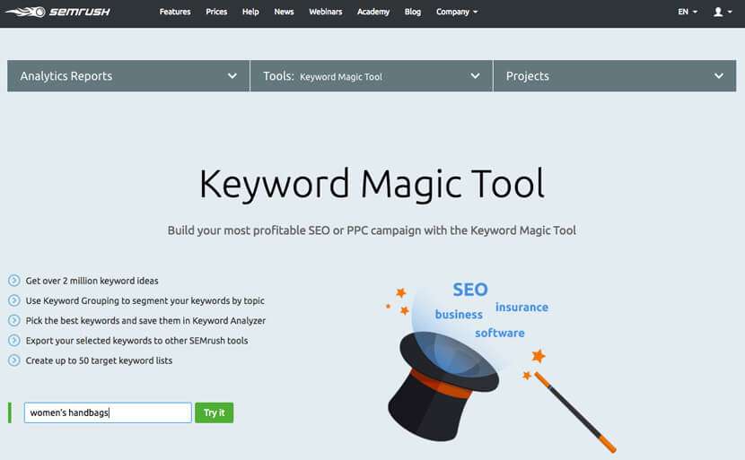 Keyword research using SEMRush