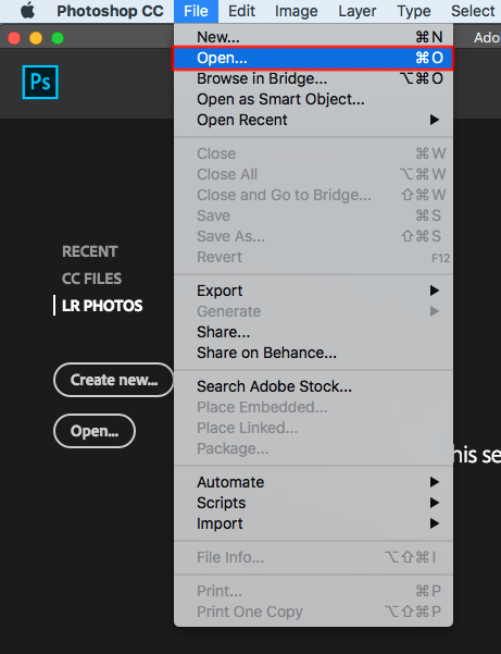 Open option in Photoshop CC18